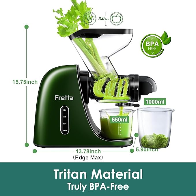 Cold Press Juicer, Masticating Slow Juicer,Juicer Machines Vegetable and Fruit, 3-Inch Wide Feeding Chute, BPA Free Easy to Clean,Quiet and Strong DC Power, 200W(Dark Green)