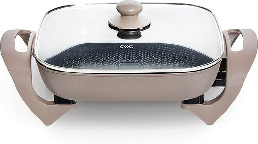 COOK WITH COLOR Electric Skillet - 12" x 12" Ceramic Nonstick Pan, PFAS-Free, 1400W, Tempered Glass Lid, Variable Temperature, Removable Heating Probe, Cool-Touch Handles, Greige