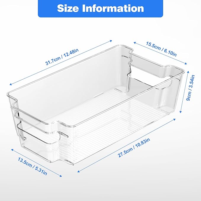 4 Pack Clear Refrigerator Storage Bins, Stackable Plastic Fridge Organizer Kitchen Pantry Storage Bins with Handles for Snacks, Freezer, Kitchen Cupboard, and Cabinet Organization