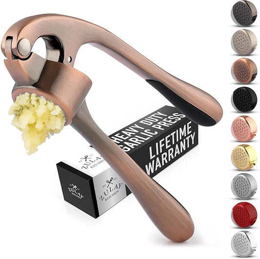 Zulay Kitchen Premium Garlic Press Set - Rust Proof & Dishwasher Safe Professional Garlic Mincer Tool - Easy-Squeeze, Easy-Clean with Soft, Ergonomic Handle - Silicone Garlic Peeler & Brush (Copper)