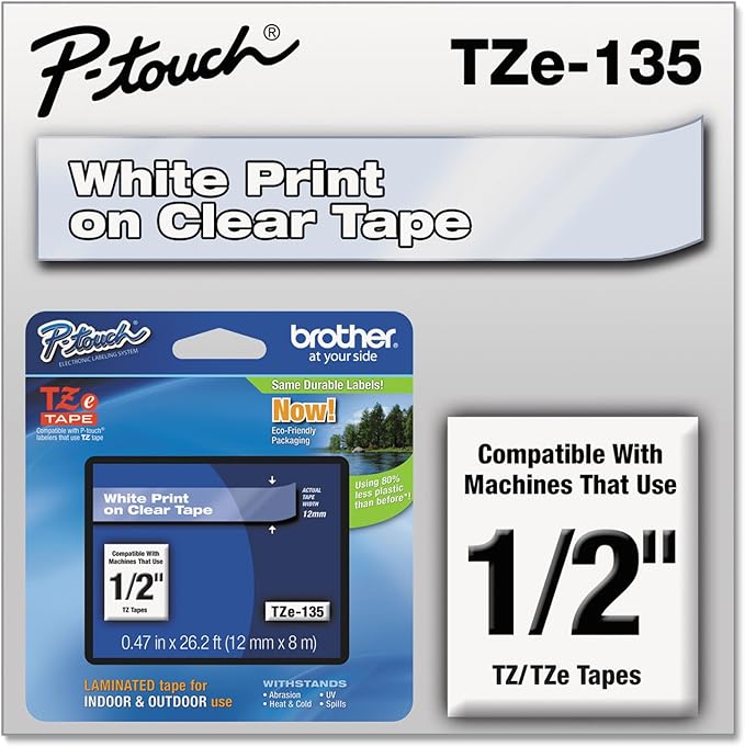 Brother Genuine P-Touch TZE-135 Tape, 1/2" (12 mm) Standard Laminated P-Touch Tape, White On Clear, Laminated for Indoor or Outdoor Use, Water-Resistant 26.2 ft (8 m), Single-Pack