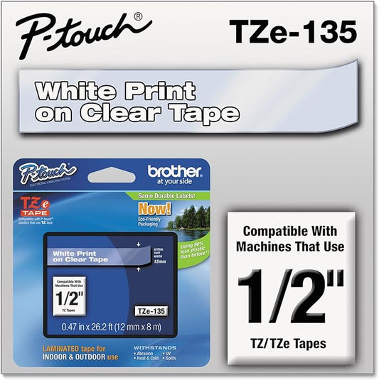 Brother Genuine P-Touch TZE-135 Tape, 1/2" (12 mm) Standard Laminated P-Touch Tape, White On Clear, Laminated for Indoor or Outdoor Use, Water-Resistant 26.2 ft (8 m), Single-Pack