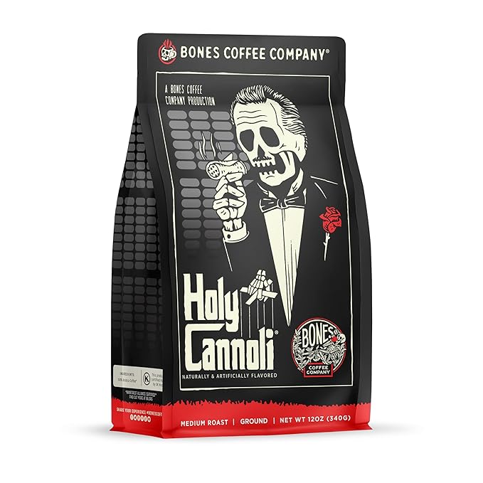 Bones Coffee Company Holy Cannoli, Baked Cannoli Flavored Coffee, Medium Roast Low Acid Arabica Beans Compatible with Auto drip and French Press Coffee Maker, 12 Oz Ground