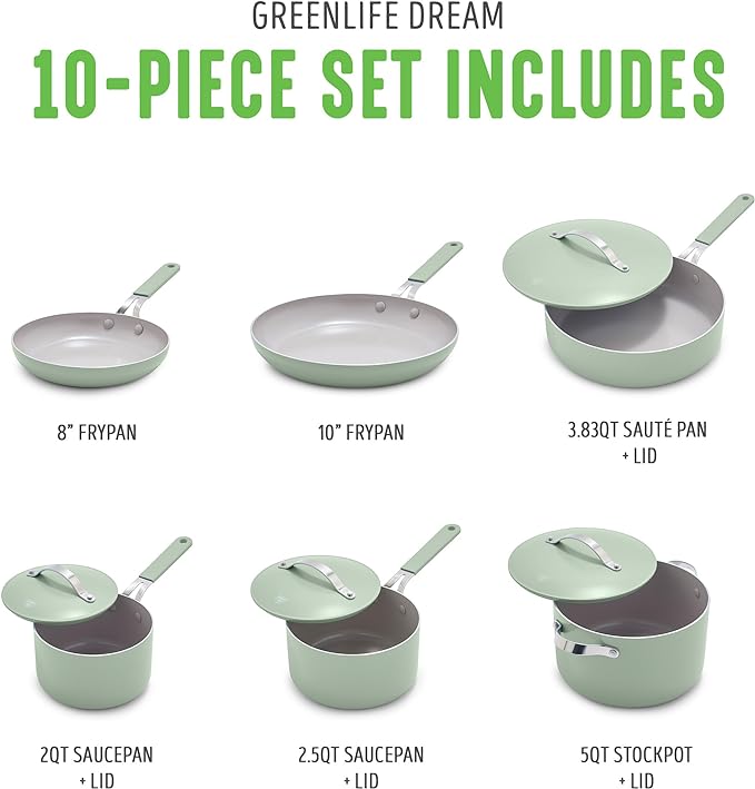 GreenLife 10-Piece Nonstick Ceramic Cookware Set, Lightweight Healthy PFAS-Free Pots & Pans with Lids, Dishwasher & Oven Safe, Durable Body, Silicone Stay-Cool Handles, Easy Release, Sage Green
