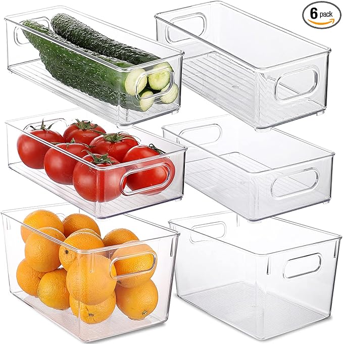 Set Of 6 Refrigerator Organizers and Storage,Stackable Large Clear Plastic Storage Bins with Handle,Freezer Organizer Bins,Perfect for Kitchen Cabinet Pantry Snack Containers,Closet Organization