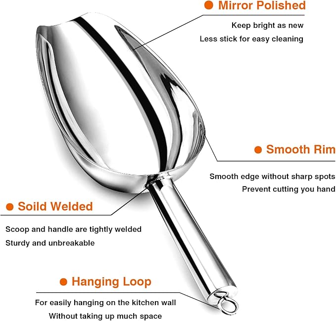 P&P CHEF Food Ice Scoop, Stainless Steel Scoop, Metal Candy Popcorn Flour Utility Scooper for Wedding Party Bar Kitchen Bath, Heavy Duty & Dishwasher Safe, (12oz, 1Pc)