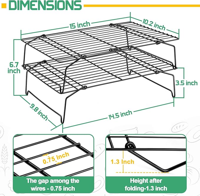 P&P CHEF Cooling Rack Set of 2, 2-Tier Stackable Stainless Steel Wire Racks for Baking Cooking Cooling Roasting, Collapsible & Heavy Duty, Oven Safe & Easy Clean, 15" x 10", Black