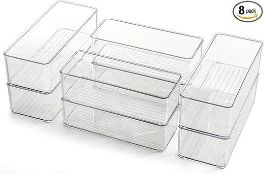Hudgan 8 Pack Clear Plastic Drawer Organizers Set, Stackable Deep Drawer Organizer for Makeup Vanity and Desk, 2 Sizes Tall Bathroom Drawer Organizer
