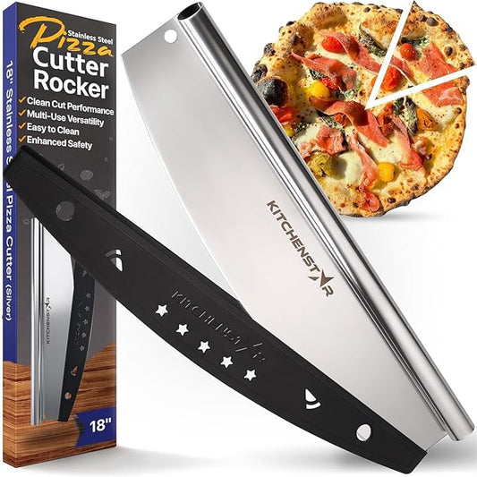 KitchenStar 18-Inch Pizza Cutter Rocker Blade - Sharp Stainless Steel Slicer Knife, Protective Cover, Dishwasher Safe, Extra Large - Commercial Pizza Oven Accessories