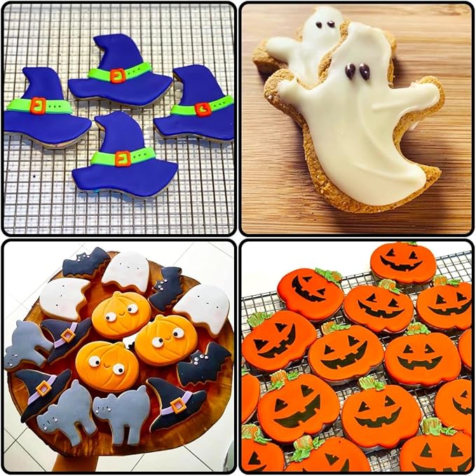 Halloween Cookie Cutters 5pcs, Cat Bat Pumpkin Magic Hat Cookie Cutter Sturdy Easy to Clean & Demold Pancake Dough Molds, Fondant Cutters for Baking Biscuit