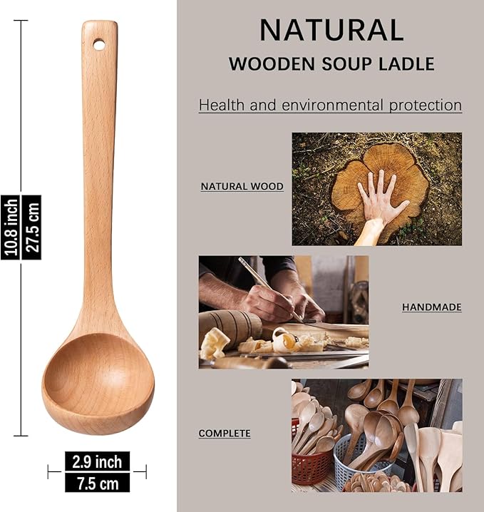 Wooden Soup Ladle, 10.8" Handle, 2 fl oz Medium Scoop Utensil for Serving & Cooking, Beech Wooden Ladle – Wood Spoon for Soup Natural and Sustainable