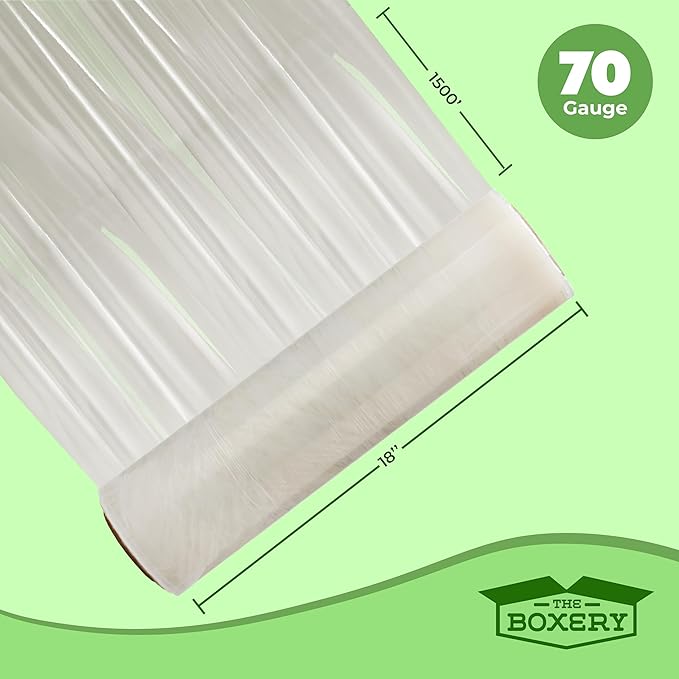 The Boxery- 18''X1500' Per Roll Stretch Wrap-4 Rolls/6000 Feet Total (70 Gauge) - Industrial Grade, Stretch Wrap Film Clear Cling Plastic for Shipping, Moving and Packaging