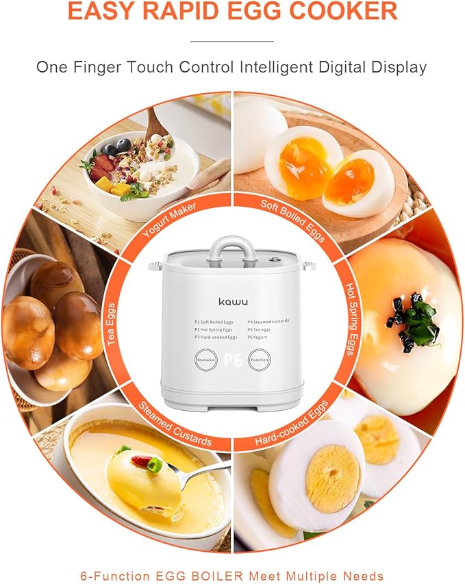 kawu 6-Function Egg Cooker for Hard Boiled Eggs, Egg Boiler with Timer, Egg Cooker for Soft Boiled Egg, Electric Egg Boiler with Auto Shut Off &Alarm, W/Bowl&Rack