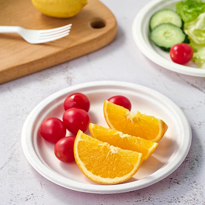 Vplus 350 Pack Paper Plates 7 inch 100% Compostable, Heavy-Duty Disposable Paper Plates Bagasse Natural Biodegradable Eco-Friendly Sugarcane(White)