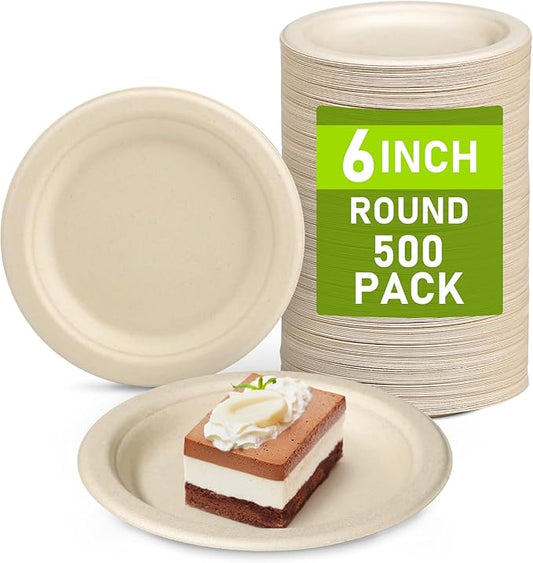 Paper Plates Bulk 500 Count, 100% 6 inch Small Compostable Biodegradable Dessert Disposable Plates