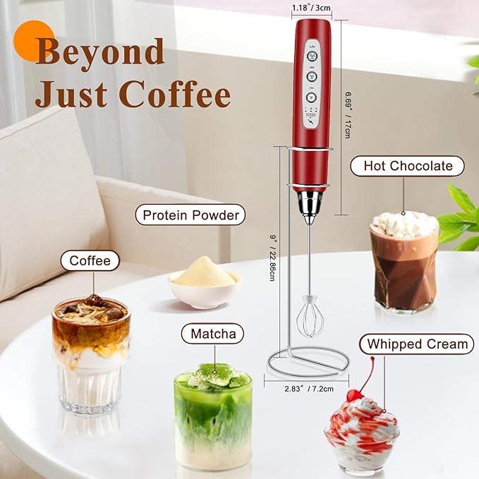 Milk Frother Handheld Rechargeable with Stand, Frother Wand Drink Mixer Electric Whisk for Coffee, Detachable With 3 Stainless Whisks, Hand Mixer for Lattes, Cappuccino, Matcha, Egg, Red