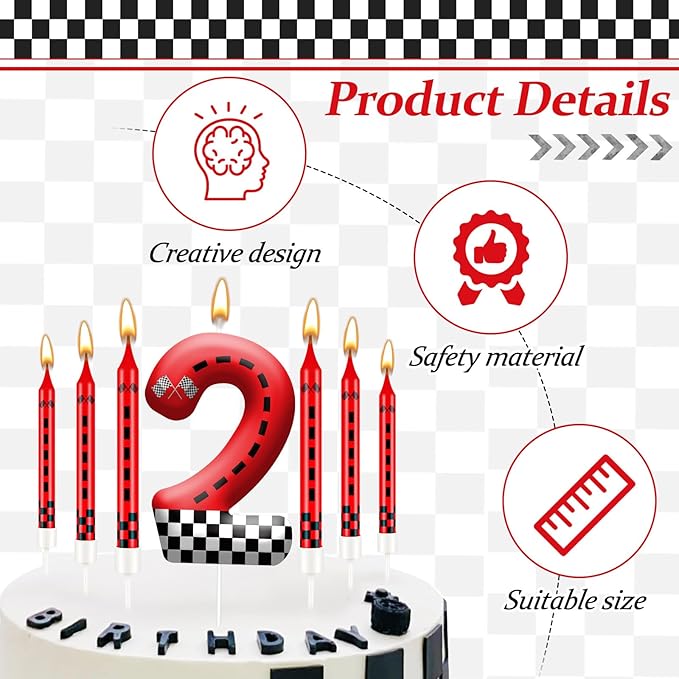13PCS Racing Car Theme Birthday Candle Set with Checkered Flag Design - Durable Cake Topper for Race Car Party Decorations, Kids Birthday Supplies - Number 2 Candle for Racing-Themed Celebrations