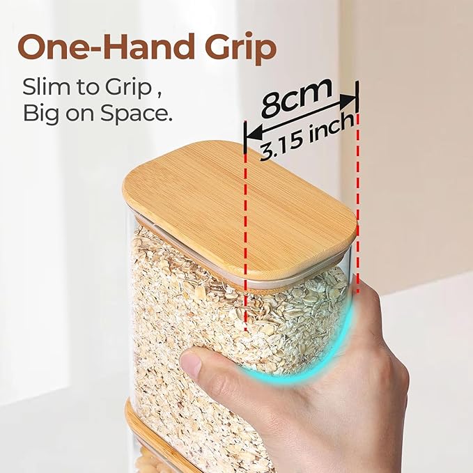 ComSaf 1.2 Qt Rectangle Glass Storage Containers with Lids, Glass Jars with Bamboo Lids, Clear Food Storage Jar, Sugar Coffee Containers, Pantry Container for Pasta Tea Candy Nut