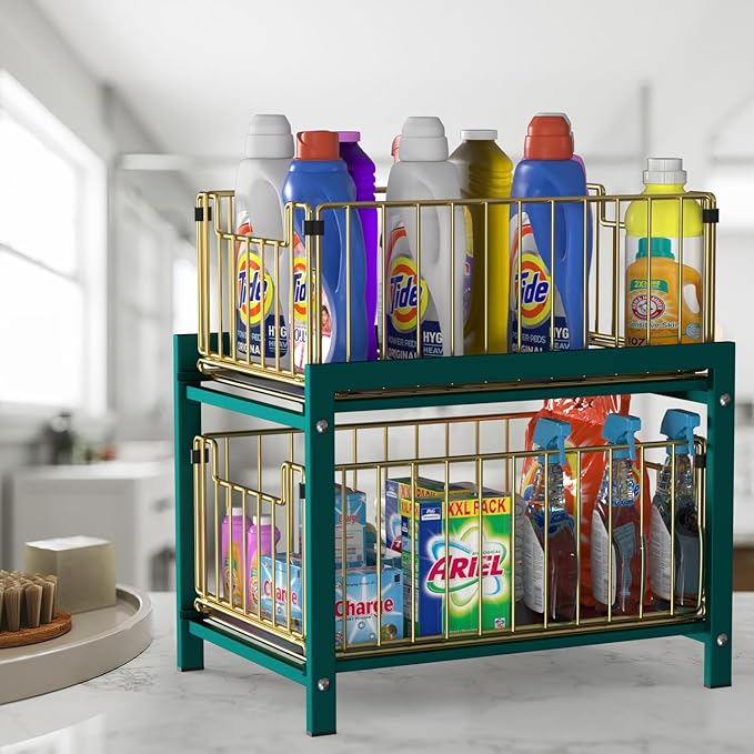 2 Tier Sliding Basket Drawer Organizer, Lxmons Pull Out Under Sink Cabinets Organizers, Metal Home Shelf for Bathroom or Kitchen, Sliding Countertop or Pantry Storage Shelf, Large Gold Green