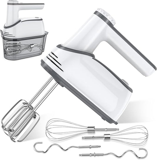 Cordless Electric Hand Mixer: 12 Speeds Powerful Handheld Mixer with 6 Stainless Steel Attachments (2 Beaters, 2 Dough Hooks, 2 Whisks), Snap-On Storage Case & Eject Button (White)