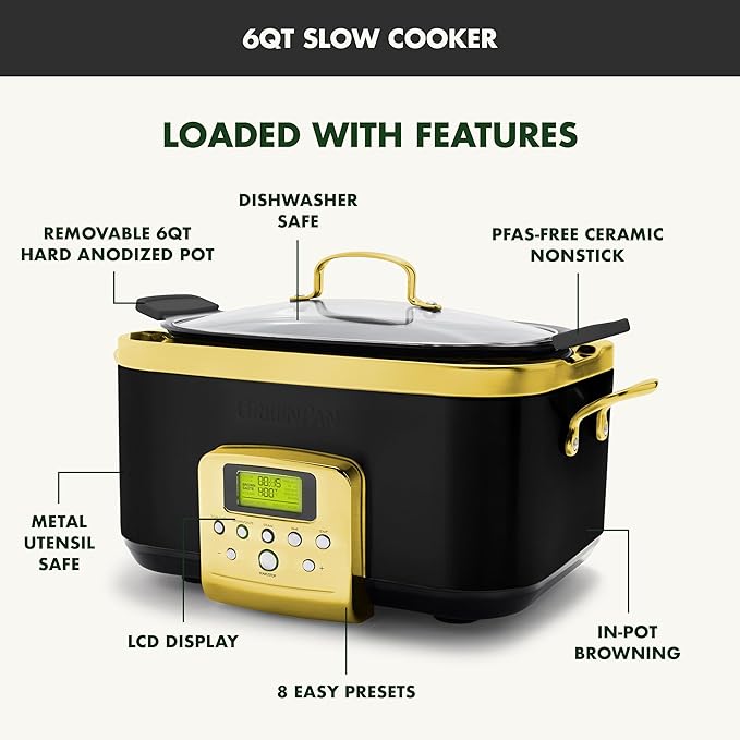 GreenPan Elite 8-in-1 Programmable 6QT Electric Slow Cooker, Dishwasher Safe Lid & Removable Crock, PFAS-Free Healthy Ceramic Nonstick Multi-Cooker, Sear, Sauté, Brown, Steam Basket, Roast, Gold