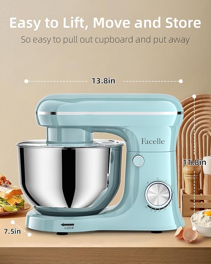 Facelle Tilt-Head Stand Mixer, 5QT+6QT Stainless Steel Two Bowls, 10 Speeds Kitchen Electric Food Mixer with Egg Whisk, Dough Hook, Beater, Dishwasher-Safe Attachment, Ideal Gift for Mom
