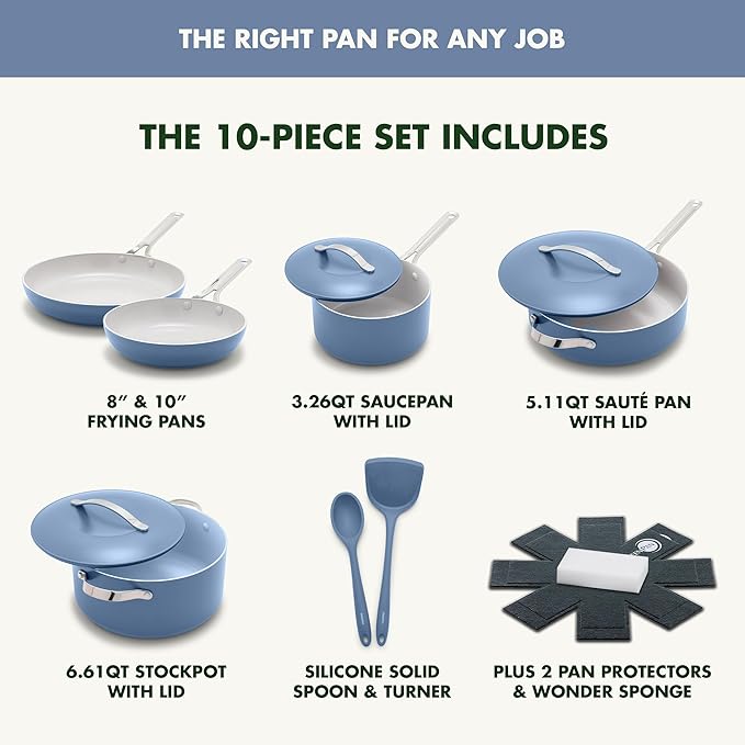 GreenPan Nova 10-Piece Cookware Pots & Pans Set, Oprah’s Favorite Things 2024, PFAS-Free Ceramic Nonstick, Fry, Sauté, Stockpot, Utensils, Lids, Induction Suitable, Dishwasher & Oven Safe, Ocean Blue