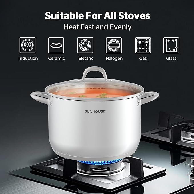 SUNHOUSE 13-Quart Stainless Steel Stockpot w/Tempered Glass Lid - Heavy-Duty, Food-Grade Cookware for Simmering, Boiling, and Induction Cooking - Exceptional Heat Distribution