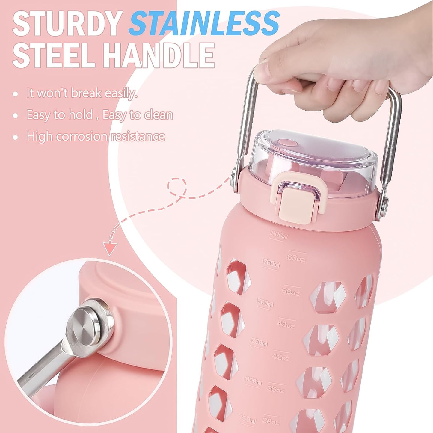 MUKOKO 64oz Glass Water Bottles with Straw and Lid,Half Gallon Water Bottle with Time Marker,Large Glass Water Jug with Silicone Sleeve and Stainless Steel Handle-Pink