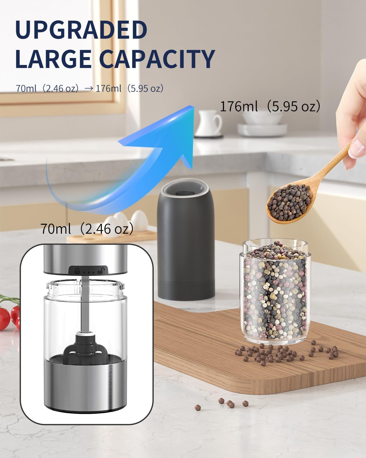 CIRCLE JOY Gravity Electric Salt and Pepper Grinder Set Battery Powered Automatic Pepper Mill Grinders with 176ml Container, Adjustable Coarseness, Bright LED Light and One Hand Operation, Black