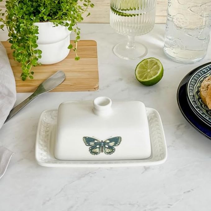 Portmeirion Botanic Garden Harmony Covered Butter Dish, 7.5 Inch - Porcelain Butter Keeper with Butterfly Motif - Dishwasher, Microwave, Freezer, Oven Safe - Vintage Inspired Kitchenware