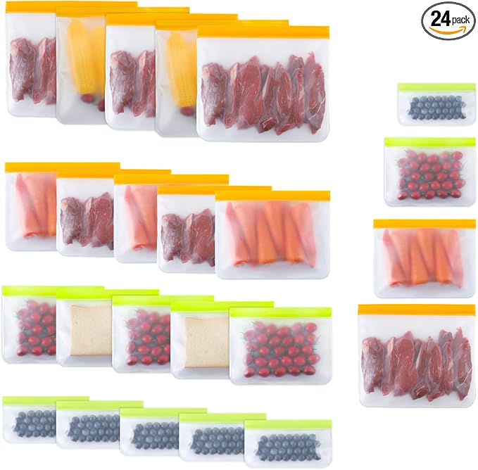24 Pack Reusable Bags, Dishwasher Safe Silicone Food Storage Bag, 4 Sizes Leakproof Reusable Freezer Bags for Marinate Meats, Cereal, Vegetables, Home.