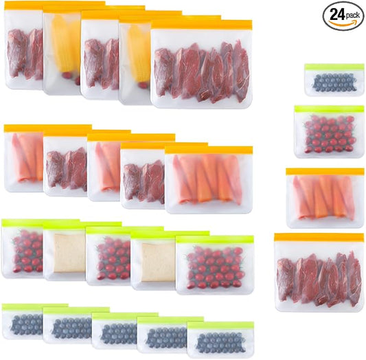 24 Pack Reusable Bags, Dishwasher Safe Silicone Food Storage Bag, 4 Sizes Leakproof Reusable Freezer Bags for Marinate Meats, Cereal, Vegetables, Home.