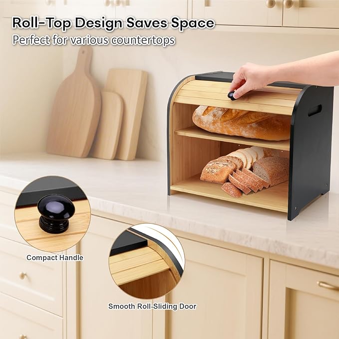 Bread Box for Kitchen Countertop, Double Layer Bamboo Bread Storage Container for Homemade Bread, Roll Top Bread Box with 3 Adjustable Height for Kitchen Counter, Black Breadbox Organizer
