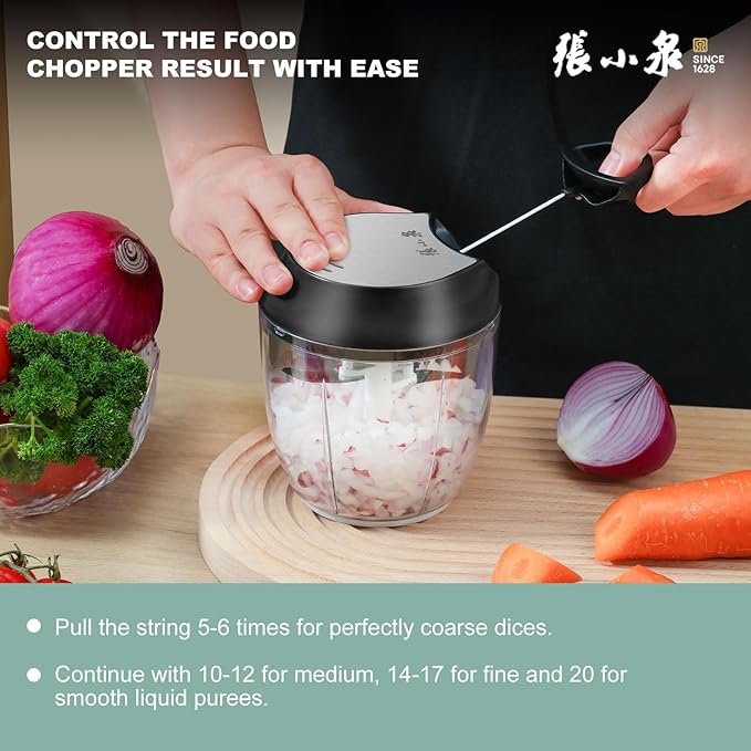 ZHANG XIAO QUAN SINCE 1628 Manual Vegetable Chopper, Hand Pull String Garlic Mincer Onion Cutter for Veggie, Peppers, Tomatoes, Ginger, Fruits, Nuts, 3.6 Cup(900ml) Food Chopper With Egg Whisk