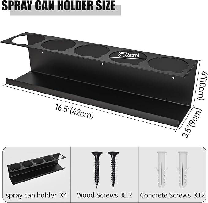 4 Pack Wall-Mounted Spray Bottle Holder, Aerosol Spray Can Holder Storage Rack, Heavy-Duty Paint Bottle Organizer With 20 Holes, Steel Black Spray Rack for Garage, Shop, Home or Tool Trailer