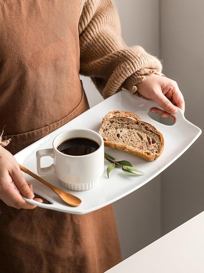 Turkey Serving Platter for Entertainment, Serving Tray with Handles Large, Party, Display, LYEOBOH 16 inch Rectangle Porcelain Platters Set of 2, White