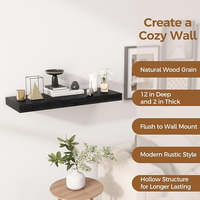 Fun Memories Black Floating Shelves 30" W x 12" D, 12 Inch Deep Floating Shelf for Books, Bathroom, Living Room, Rustic Wood Wall Shelves, 2 Inch Thicked Storage Shelf for Home Storage, Set of 2