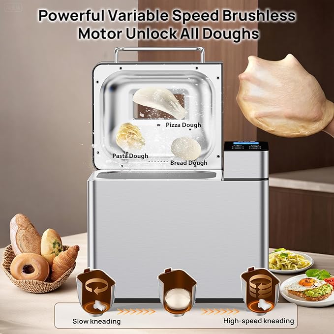 KBS Pro Stainless Steel Bread Machine, 2LB 17-in-1 Programmable XL Bread Maker with Fruit Nut Dispenser, Nonstick Ceramic Pan& Digital Touch Panel, 3 Loaf Sizes 3 Crust Colors, Reserve& Keep Warm Set