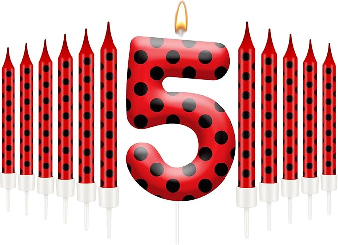13PCS Ladybug Theme Birthday Candles Set - Red & Black Polka Dot Decorative Candles for Kids Ladybug Themed Parties, Baby Showers, Birthday Cakes, and Ladybird Inspired Celebrations(Number 5)