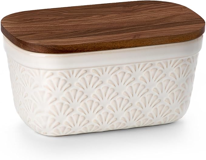 Nucookery Ceramic Butter Dish, Embossed Butter Keeper with Wood Lid for Countertop, Butter Holder and Container with Double Silicone Seal (Fan Pattern)