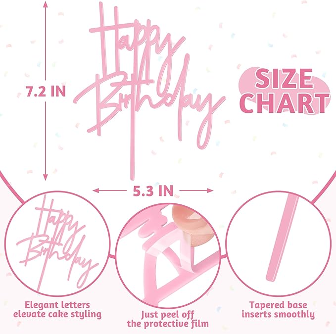 1PCS Pink Birthday Cake Topper, 5.3 x 7.2Inches Happy Birthday Cake Topper, Acrylic Happy Birthday Cake Sign for Children or Adults, Party Cake Desserts Decor and Photo Booth Props