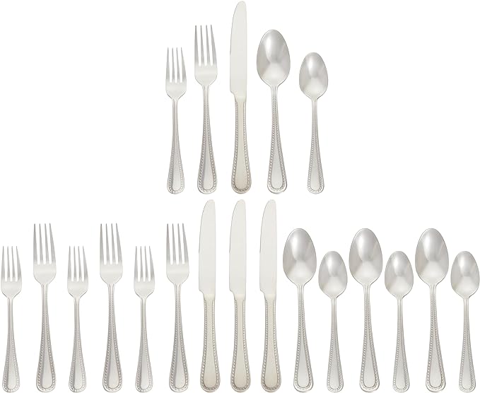 Amazon Basics Silverware Set, Stainless Steel Flatware, Dishwasher Safe, Service for 4, 20-Piece Forks and Spoons, Pearled Edge