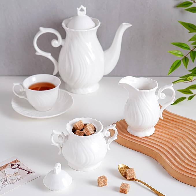 Sugar and Creamer Set Ceramic, Creamer Pitcher and Sugar Bowl with Lid, Creamer Pitcher with Handle,Sugar Cube Dish Coffee or Tea, White (white)