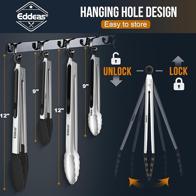 4 Pack Stainless Steel Locking Tongs - Heat Resistant 600 Degrees, 9" & 12" with Silicone Tips, Non-Slip Food Tongs, Heavy Duty, Non-Stick
