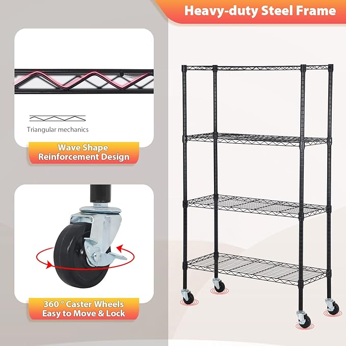 FDW Wire Shelving Storage Shelves 4-Shelf Adjustable NSF Wire Shelf Heavy Duty Storage Shelving Unit on 3” Wheel Casters Commercial Metal Rack 36L x 14W x 62H,Black