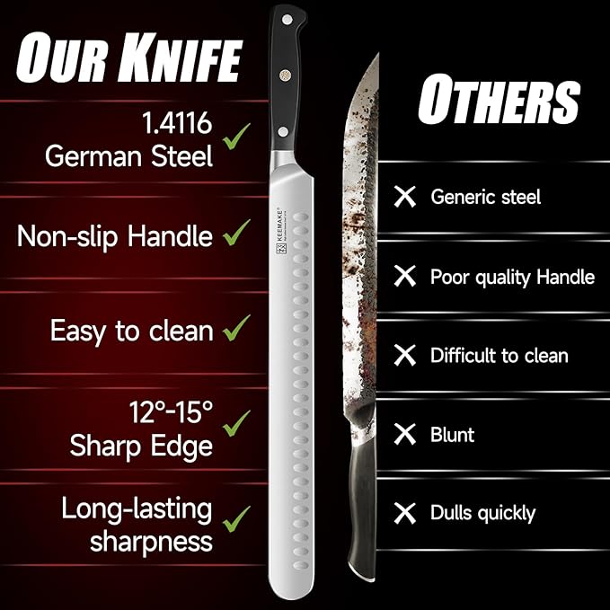 KEEMAKE Brisket Knife, 12" Carving Knife for Meat, Razor Sharp German Steel Kitchen Knives with Ergonomic Handle for BBQ Roasts Ribs Turkey Ham