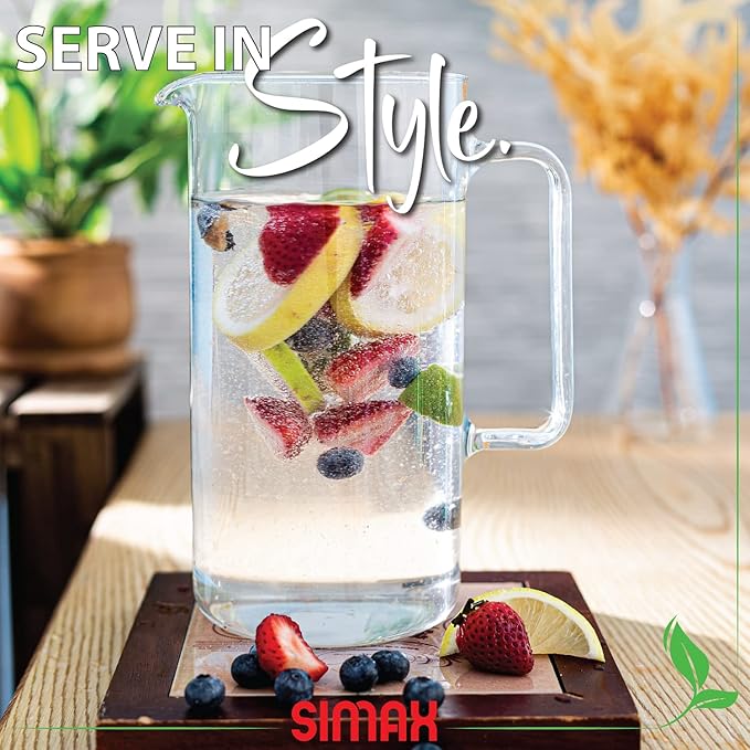 Simax Glass Pitcher, 64 Ounce (2 Quart) Borosilicate Glass, Made in Europe Hot and Cold Safe Iced Tea Pitchers for Drinks, Water, Lemonade Pitcher, Cocktail Jug, Sangria Pitchers