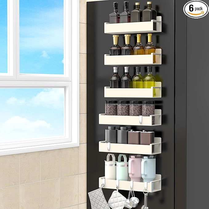 6 Pack Magnetic Spice Rack Organizer for Refrigerator and Oven, Cream White Fridge Organizers and Storage for Kitchen