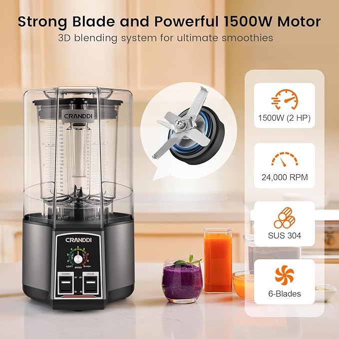 CRANDDI Commercial Blender for Crushing Ice, Chopping, Grinding, Blending, 1500W 80oz Blender with Tamper and Removable Soundproof Cover, K85 (Grey)